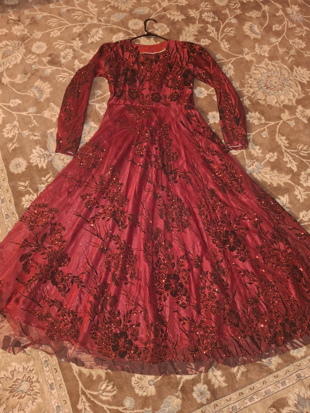 ✨ Stunning Deep Burgundy & Black Velvet Sequined Ball Gown / Maxi Dress ✨
